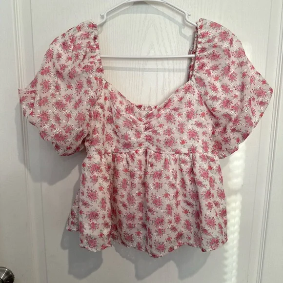 Altar'd State Pink Floral Puff Sleeve Blouse - Picture 1 of 3